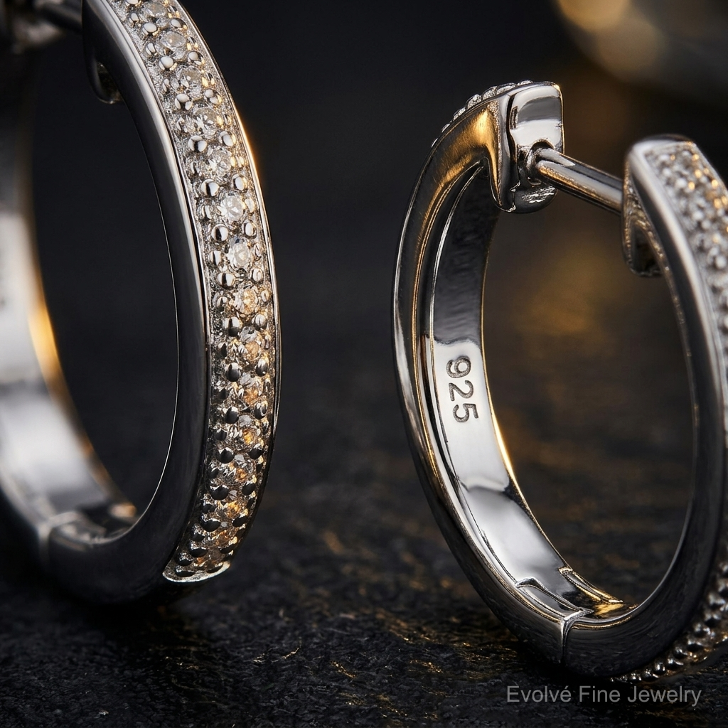 Sterling Silver Rhodium Diam. Earrings - Close-up View