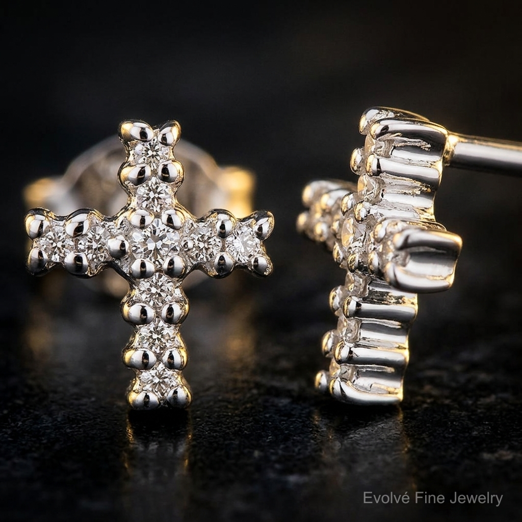 Sterling Silver Rhodium Diamond Cross Post Earrings - Close-up View