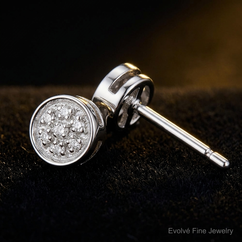 White Night Sterling Silver Rhodium-plated Diamond Circle Post Earrings - Close-up View