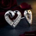 Sterling Silver Rhodium Diamond Heart Post Earrings - Close-up View