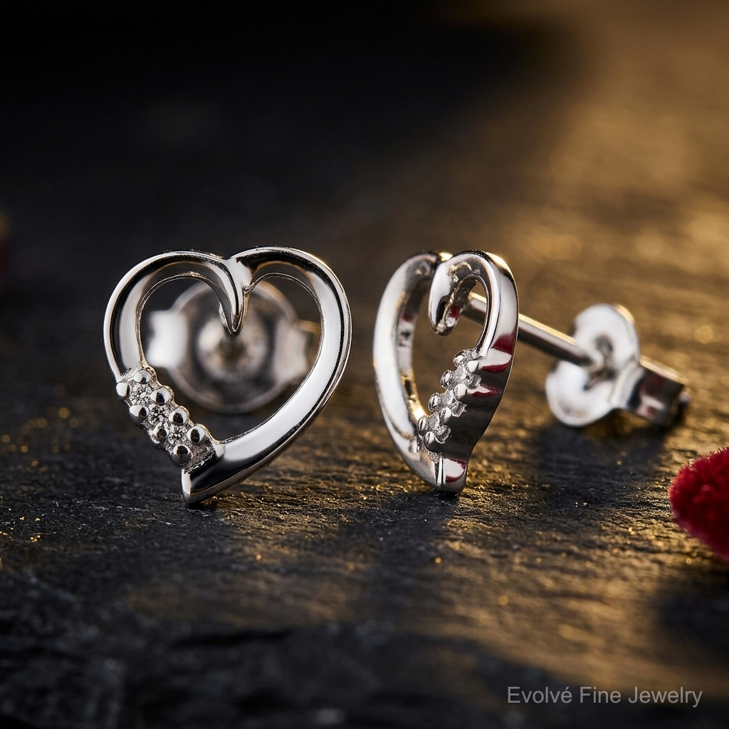 Sterling Silver Rhodium Diamond Heart Post Earrings - Close-up View