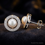 Sterling Silver Rhodium 6mm FW Cultured Pearl & Diamond Post Ear - Close-up View