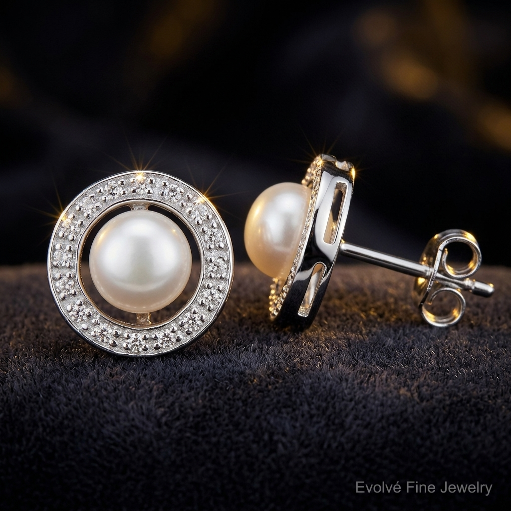 Sterling Silver Rhodium 6mm FW Cultured Pearl & Diamond Post Ear - Close-up View