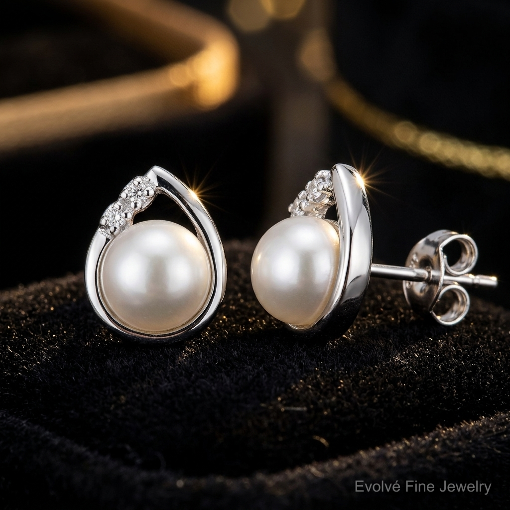 Sterling Silver Rhodium-plated 5mm FW Cultured Pearl & Diamond Post Ear - Close-up View