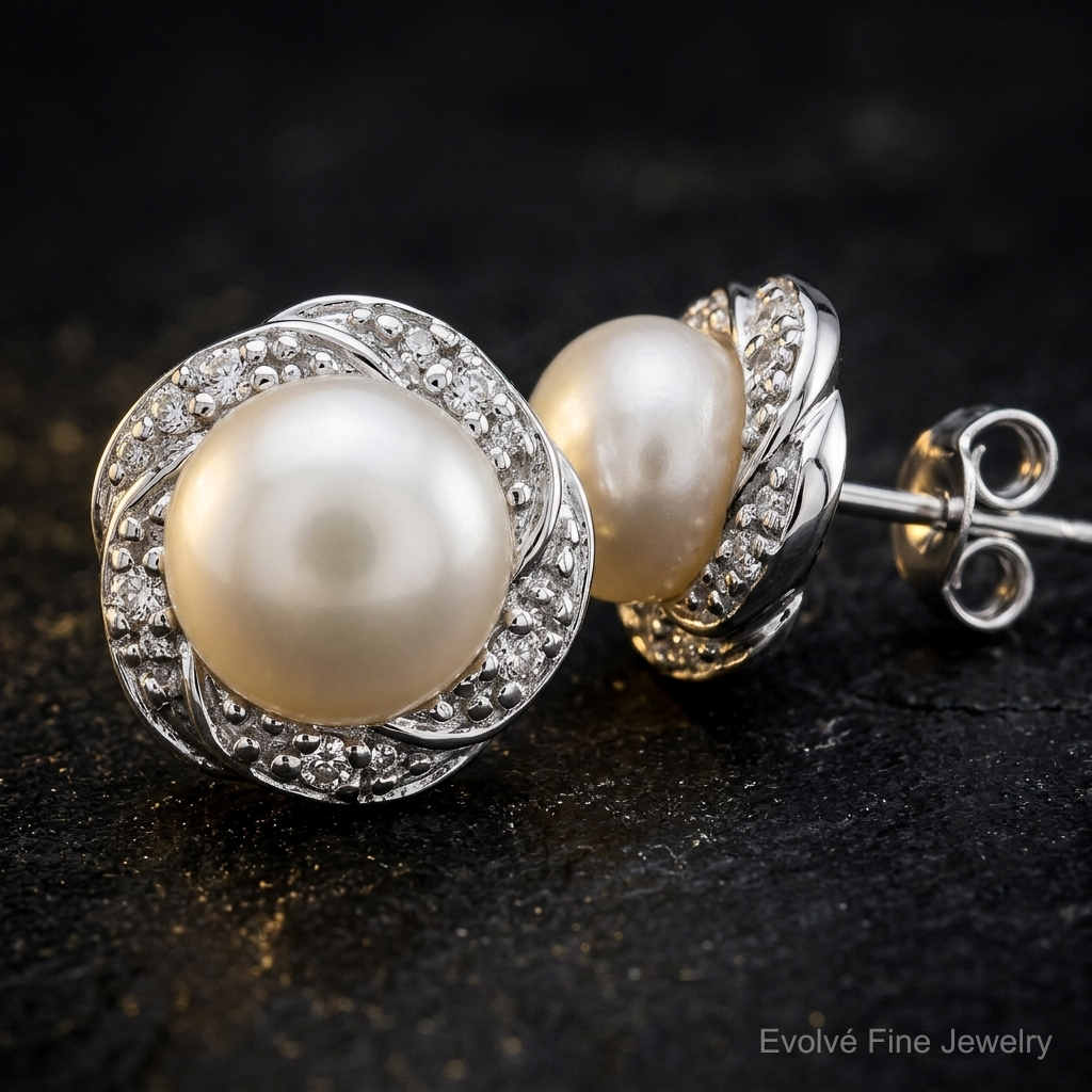 Sterling Silver Rhodium FW Cultured Pearl & Diamond Post Earrings - Close-up View