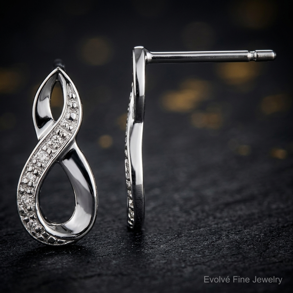 Sterling Silver Rhodium Diamond Post Earrings - Close-up View