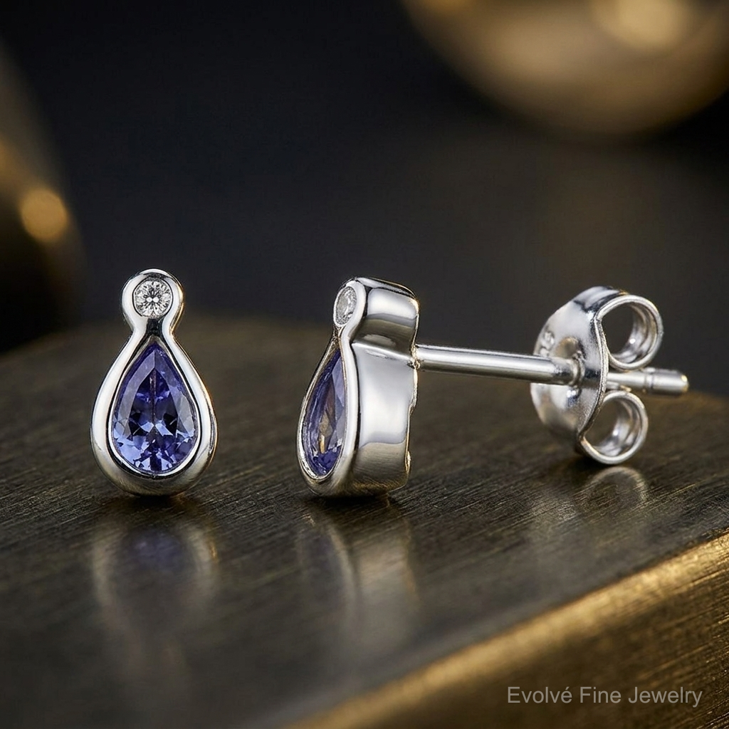 Sterling Silver Rhodium-plated Tanzanite & Diamond Earrings - Close-up View
