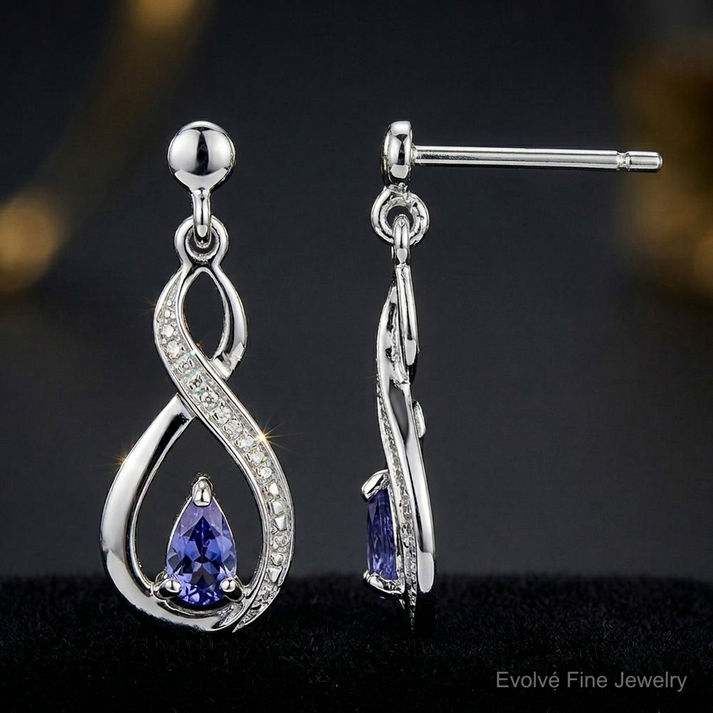 Sterling Silver Rhodium-plated Tanzanite & Diamond Earrings - Close-up View