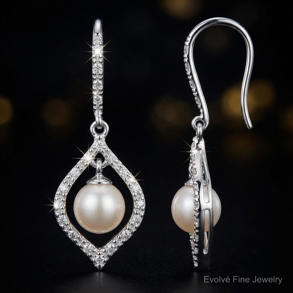 Sterling Silver Rhodium Plated Diamond and FW Cultured Pearl Ear - Close-up View