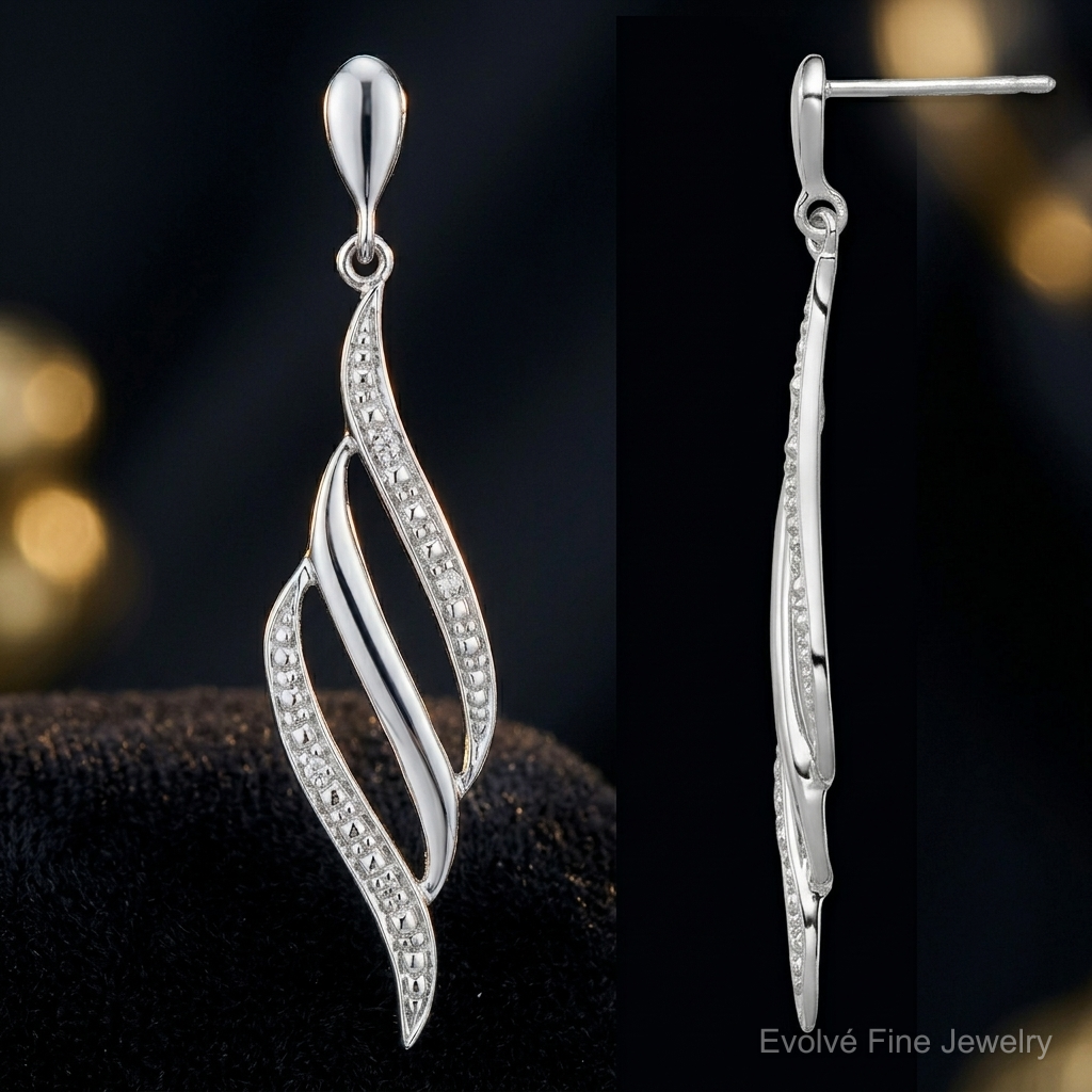 Sterling Silver Rhodium Plated Diamond Swirl Post Dangle Earrings - Close-up View