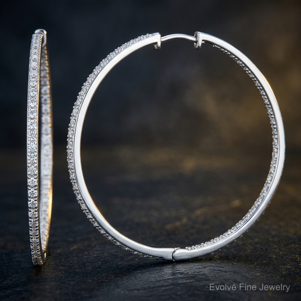 Sterling Silver Rhodium-plated Diamond In & Out Hoop Earrings - Close-up View