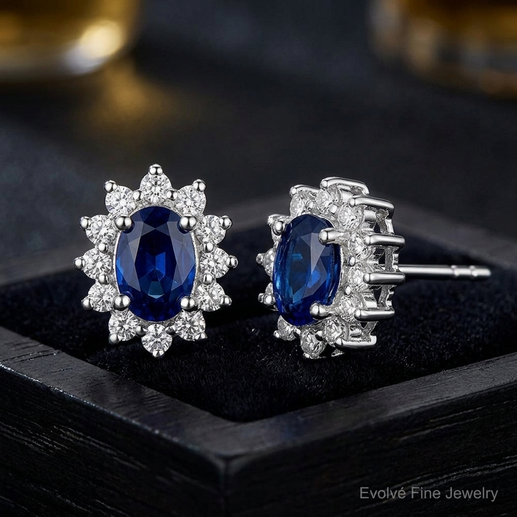 Sterling Silver Rhodium-plated CZ/Lab Cr. Blue Sapphire Earrings - Close-up View