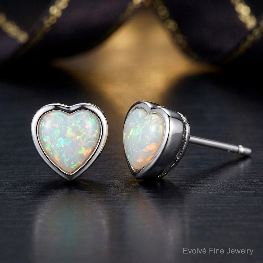Sterling Silver Rhodium Plated Lab Created Opal Post Earrings - Close-up View