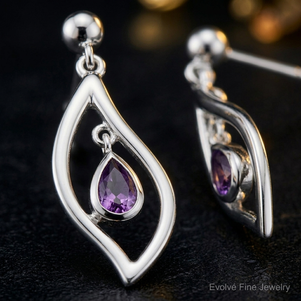 Sterling Silver Rh-plated Amethyst Dangle Post Earrings - Close-up View