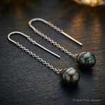 Sterling Silver Rhodium-plated Black Tahitian Pearl Threader Earrings - Close-up View