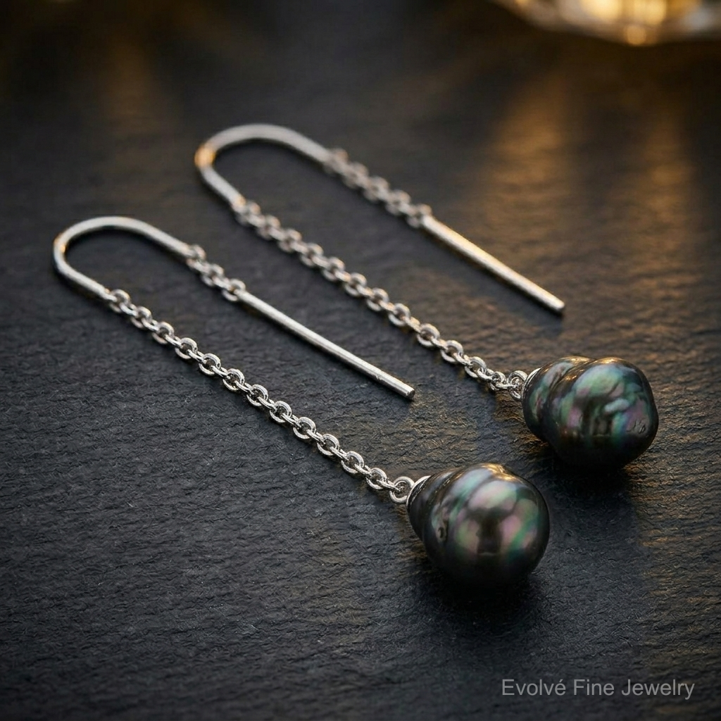 Sterling Silver Rhodium-plated Black Tahitian Pearl Threader Earrings - Close-up View