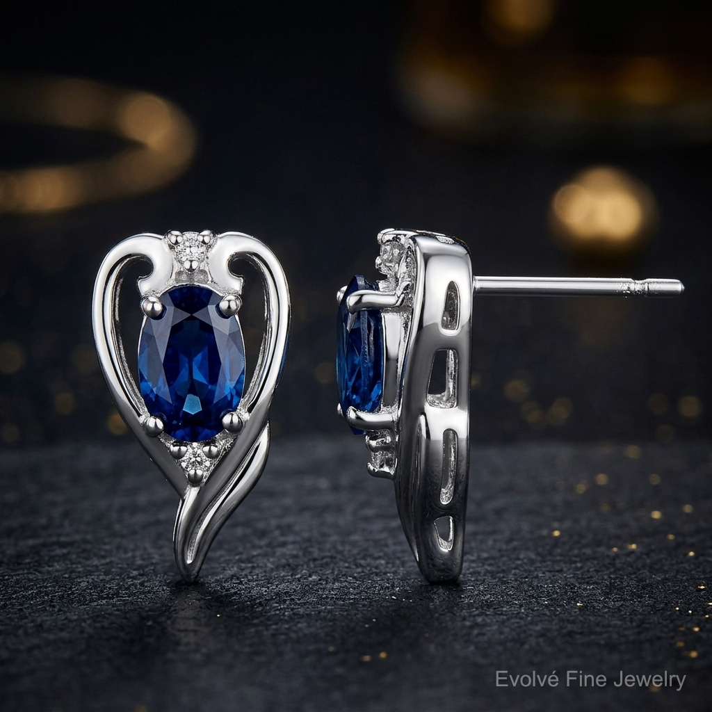 Sterling Silver Rhodium Plated Diamond & Sapphire Post Earrings - Close-up View