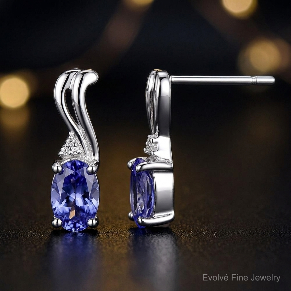 Sterling Silver Rhodium Plated Diamond & Tanzanite Oval Post Earrings - Close-up View