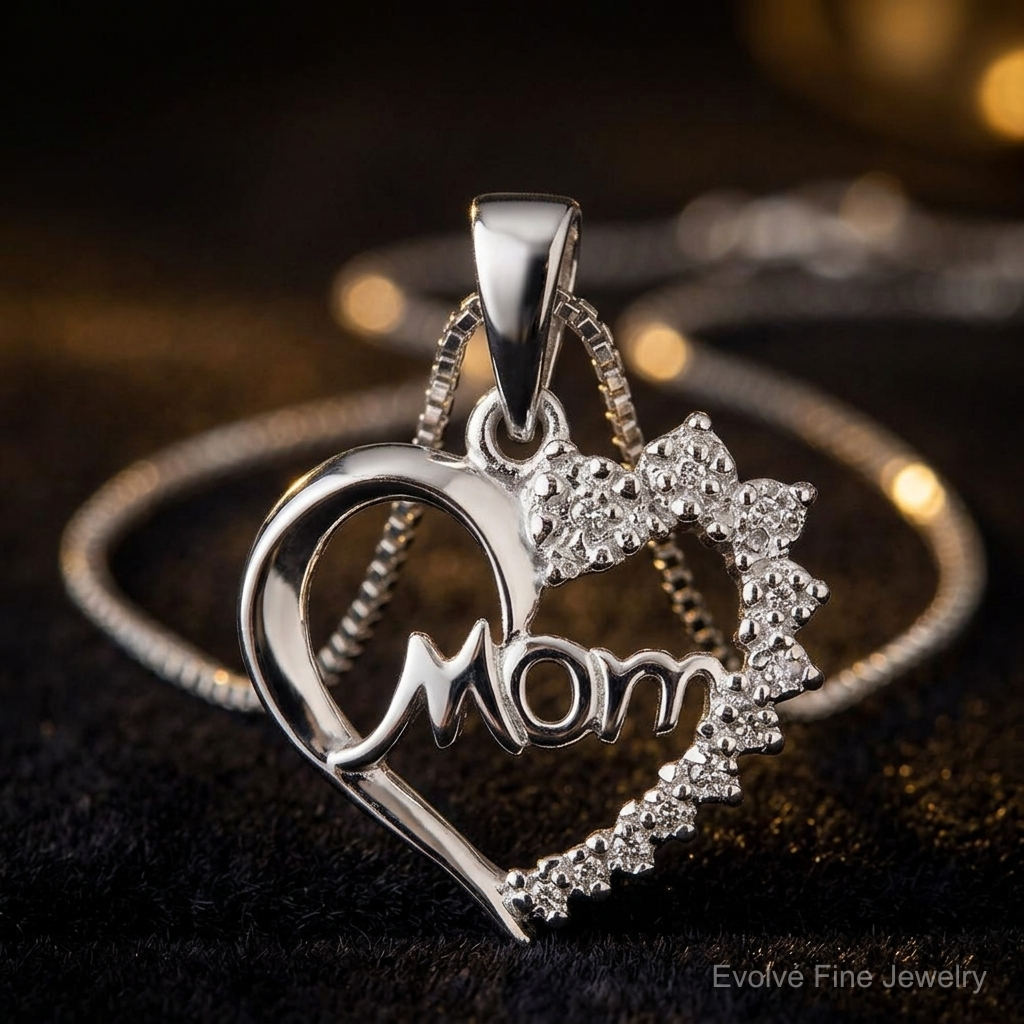 Sterling Silver Rhodium-plated Diamond Mom Necklace - Close-up View