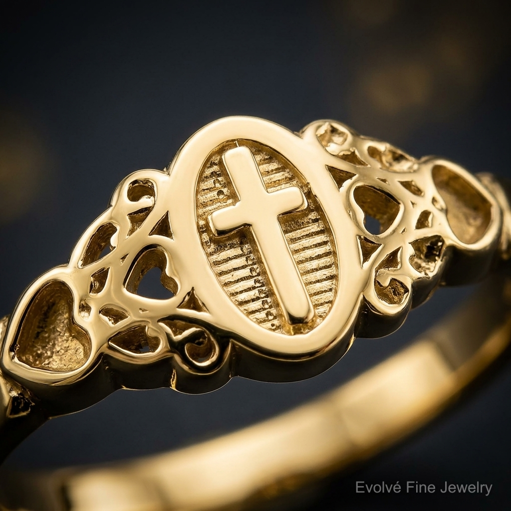 14K Cross Inside Oval W/Scroll and Heart Ring - Close-up View