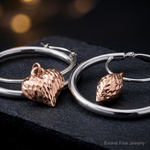 14k Two-tone Rose and White D/C Heart Dangle Hoop Earrings - Close-up View