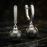 14K WG 9-10mm Round Saltwater Cultured Tahitian Pearl Diam Dangle Earrings - Close-up View
