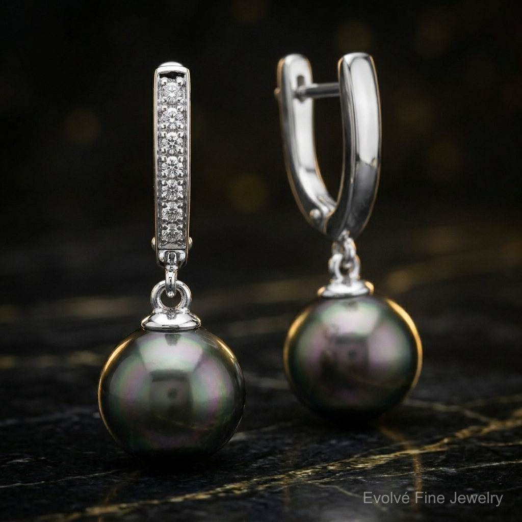 14K WG 9-10mm Round Saltwater Cultured Tahitian Pearl Diam Dangle Earrings - Close-up View