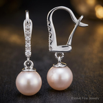 14K White Gold 6-7mm Rnd Wht Akoya Pearl and .085ct Dia Dangle Earrings - Close-up View