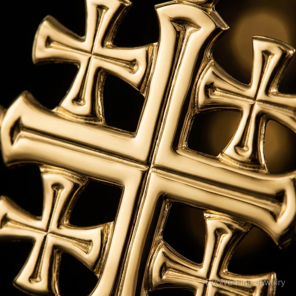 14k Polished Jerusalem Cross Pendant - Close-up View
