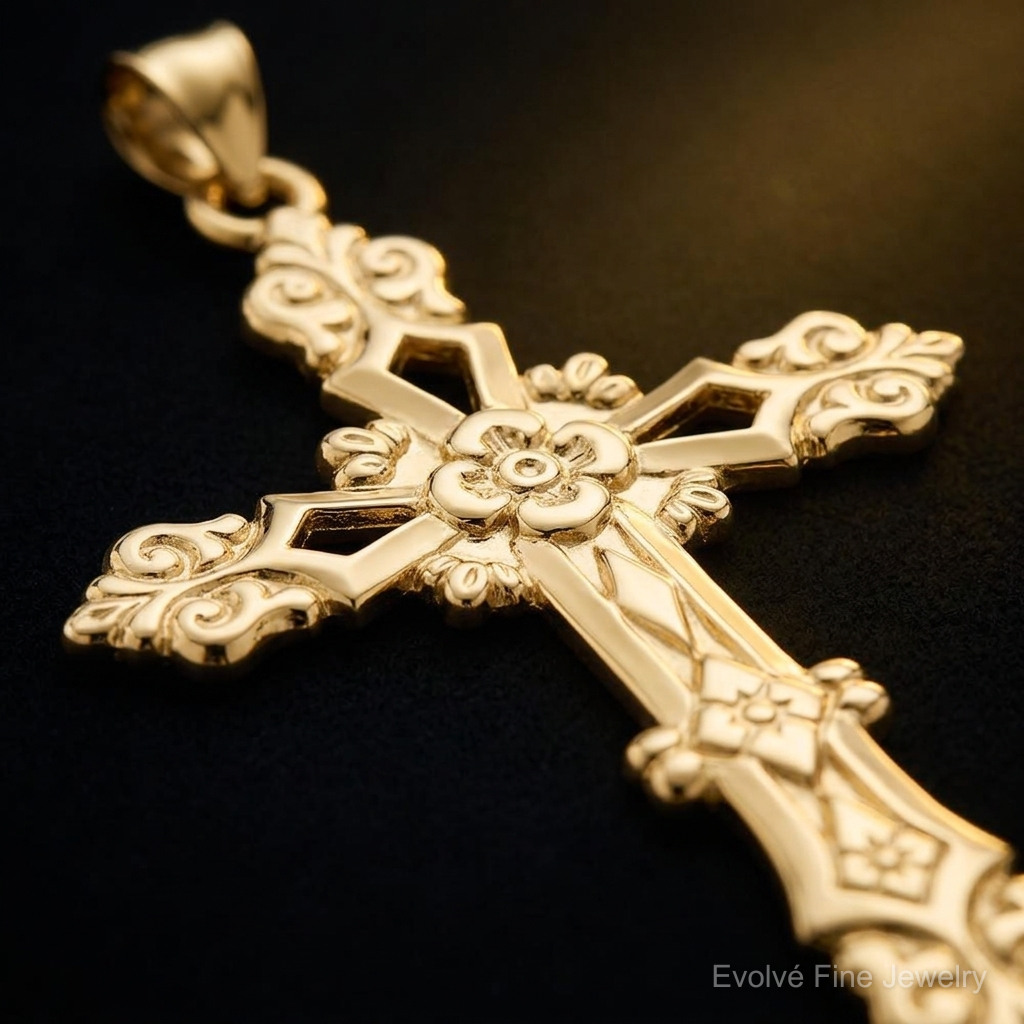 14K Polished Fleur de Lis Cross Pendant - Close-up View