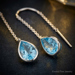 14k White Gold Blue Topaz Pear Bezel Threader Earrings - Close-up View