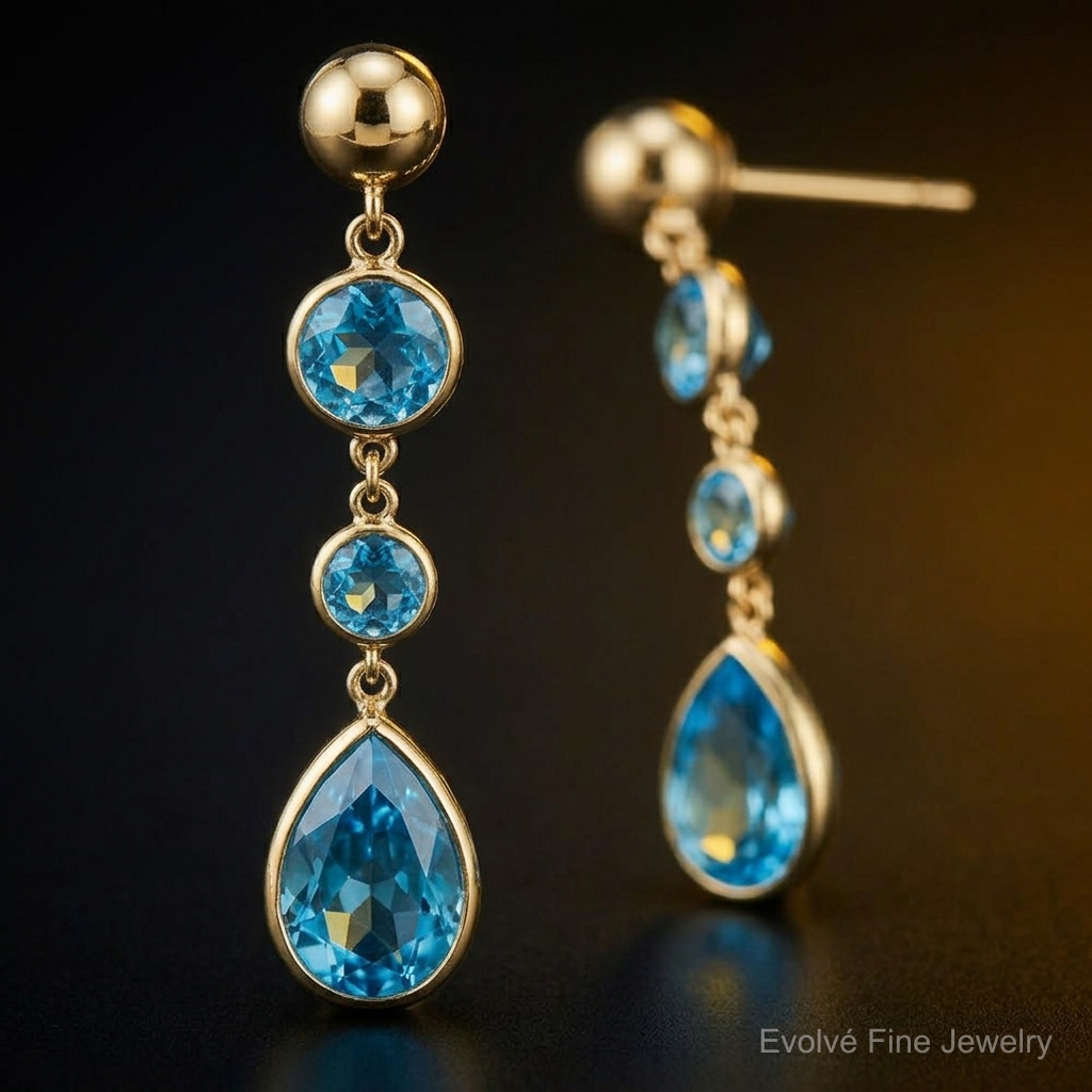 14k Blue Topaz Gemstone Dangle Earrings - Close-up View