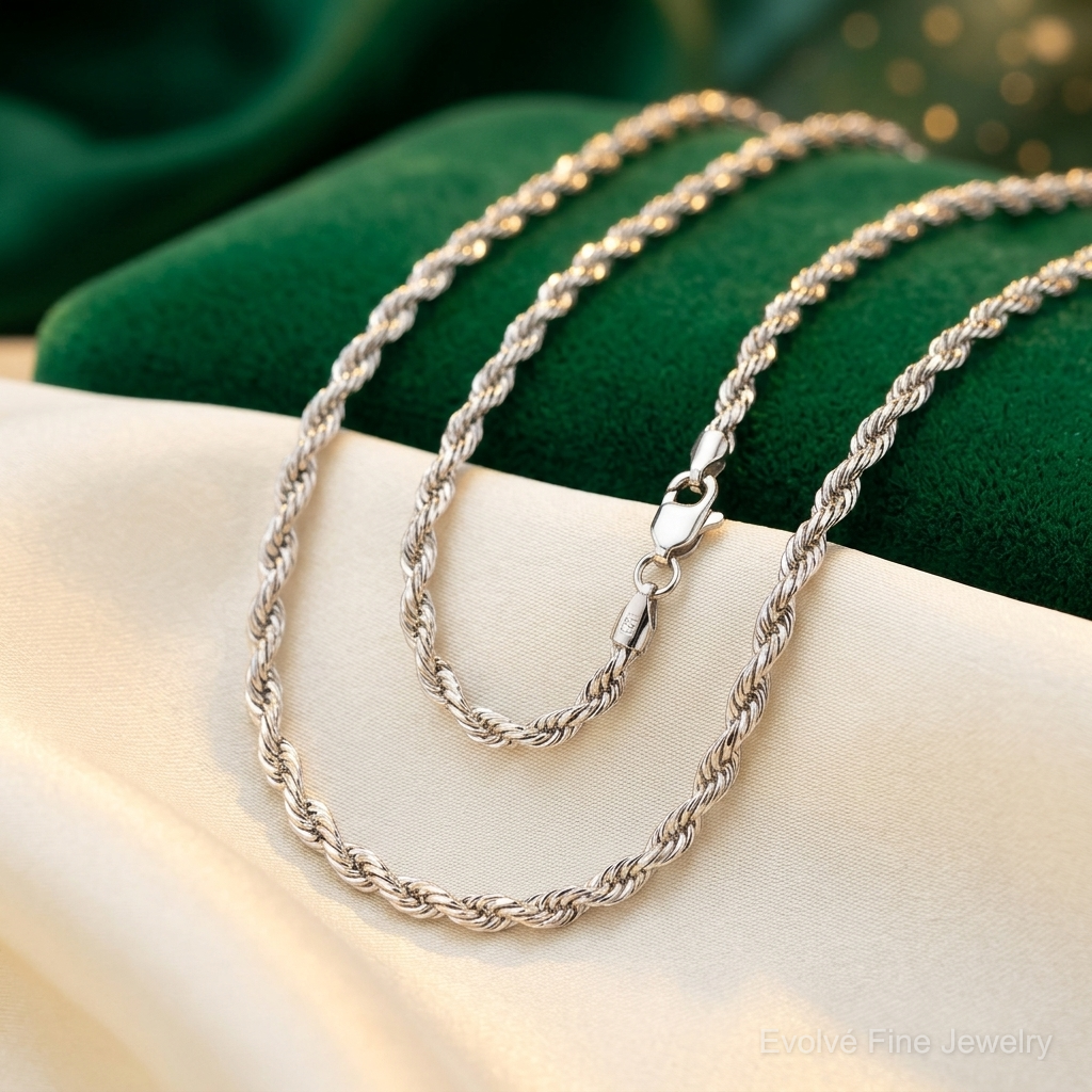 14k White Gold 2.75mm D/C Rope with Lobster Clasp Chain - Lifestyle View