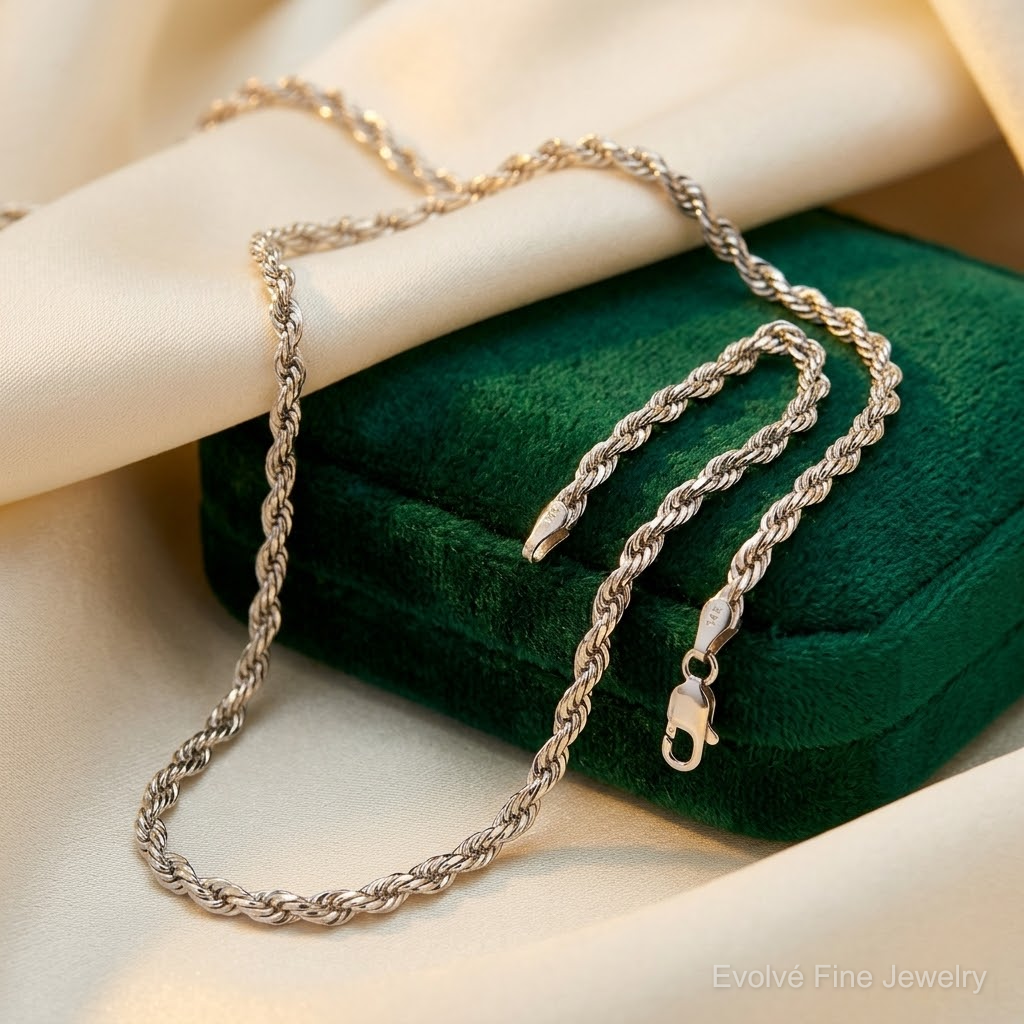 14k White Gold 3mm D/C Rope with Lobster Clasp Chain - Lifestyle View