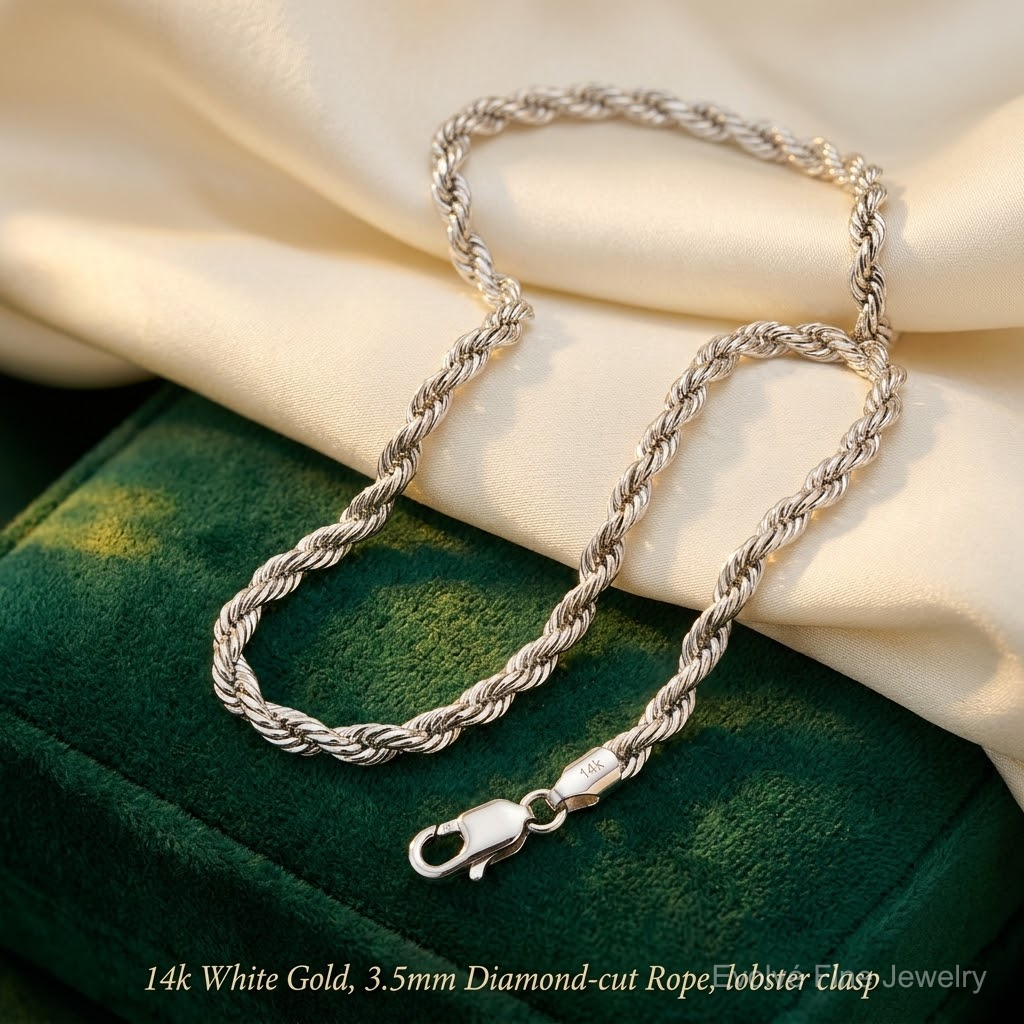 14k White Gold 3.5mm D/C Rope with Lobster Clasp Chain - Lifestyle View