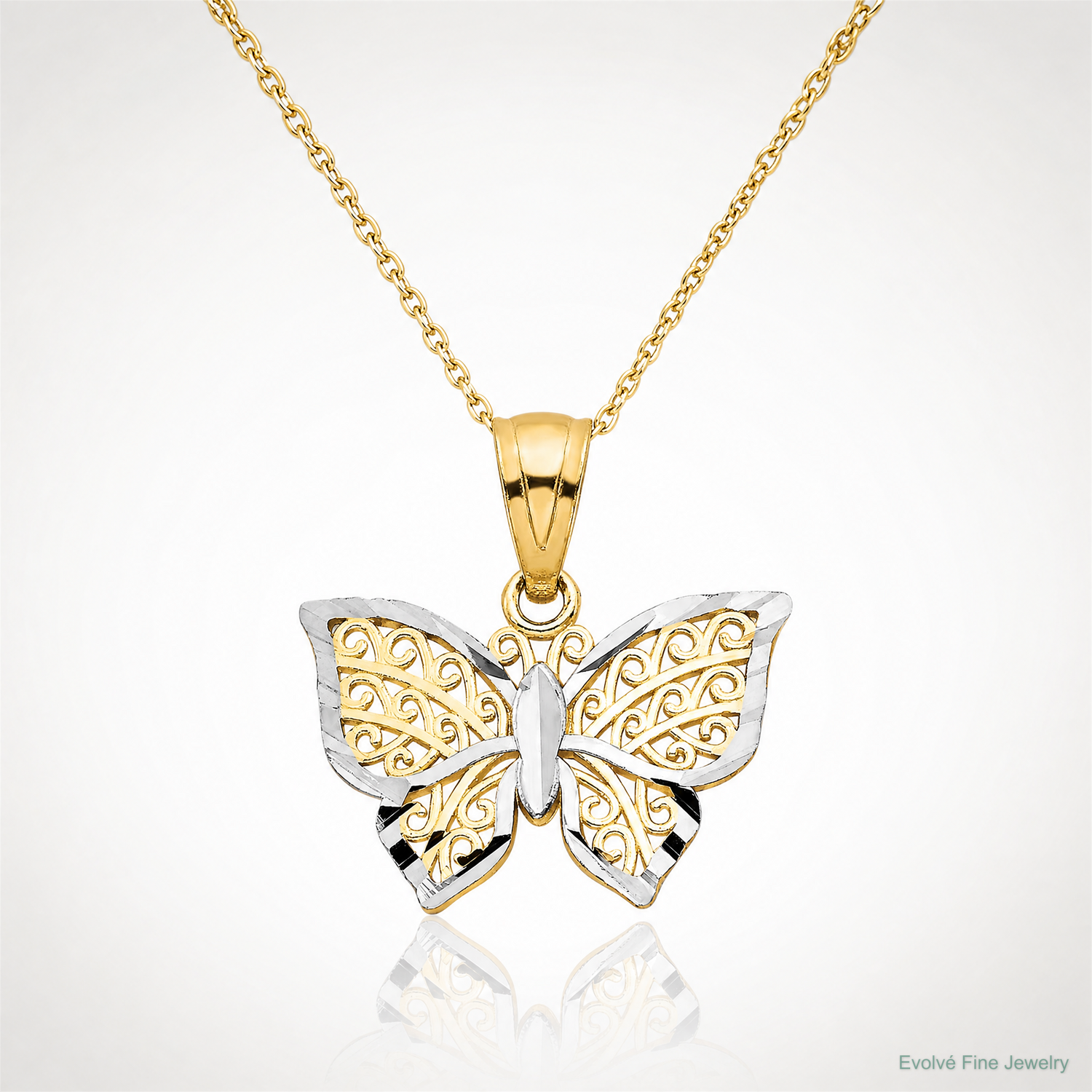 10K w/Rhodium Butterfly Charm - Lifestyle View