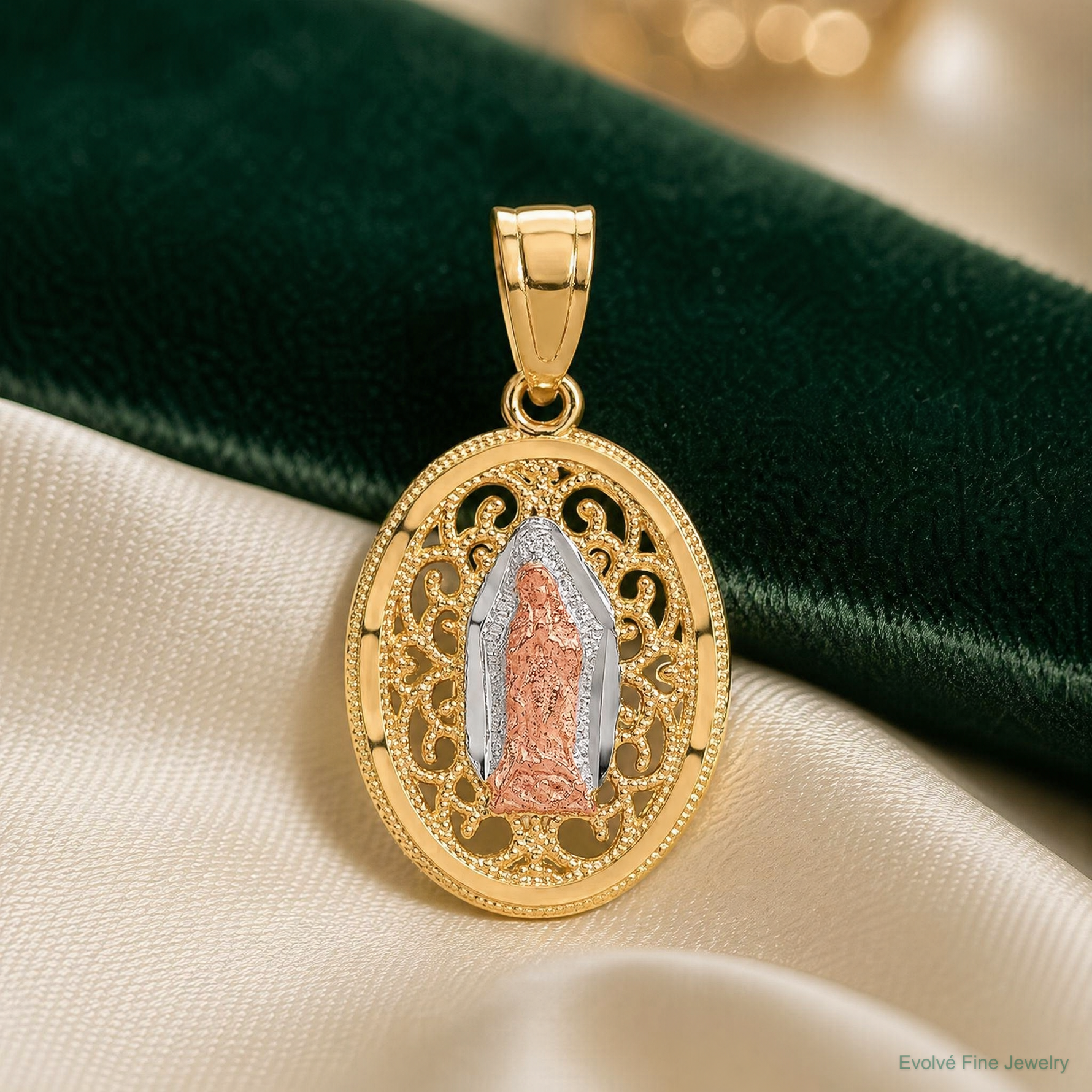 10k Two-tone with White Rhodium Our Lady of Guadalupe Pendant - Lifestyle View