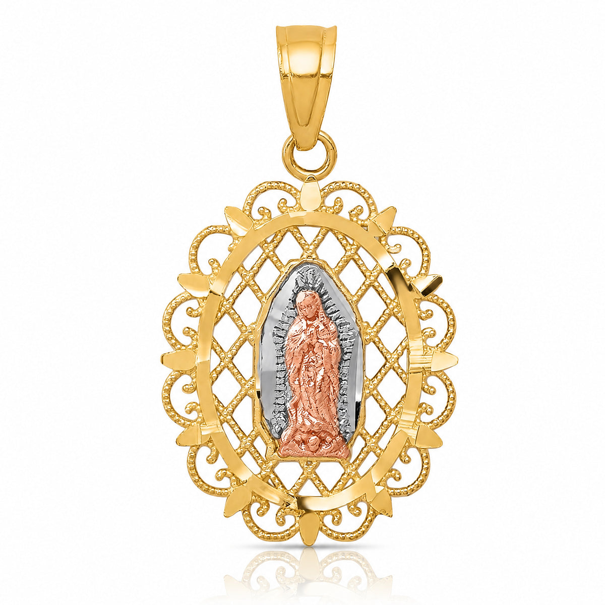 10k Two-tone with White Rhodium Our Lady of Guadalupe Pendant - Lifestyle View