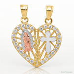 10k Two-tone w/ White Rhodium CZ Religious Break-apart Heart Pendant - Lifestyle View