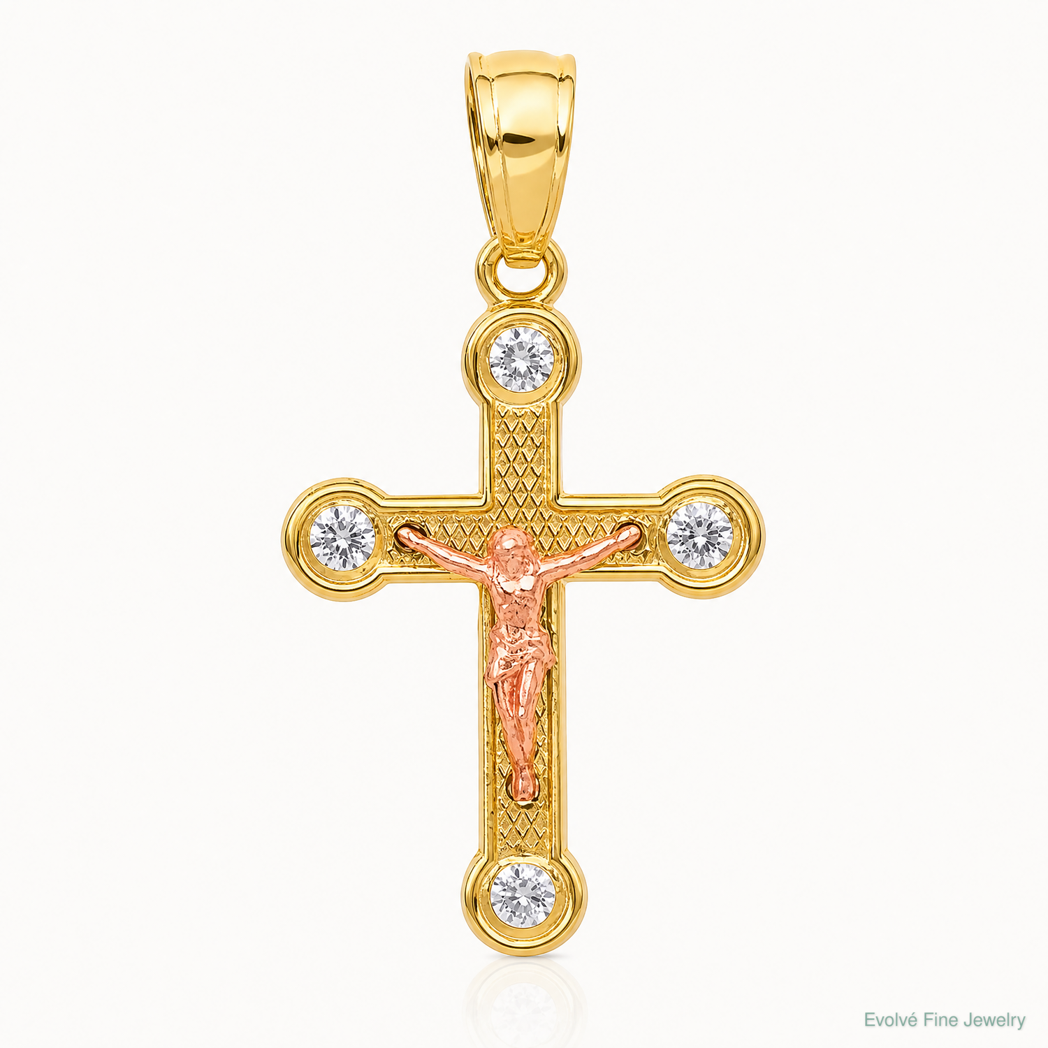10k Two-tone Yellow and Rose Gold CZ Crucifix Pendant - Lifestyle View