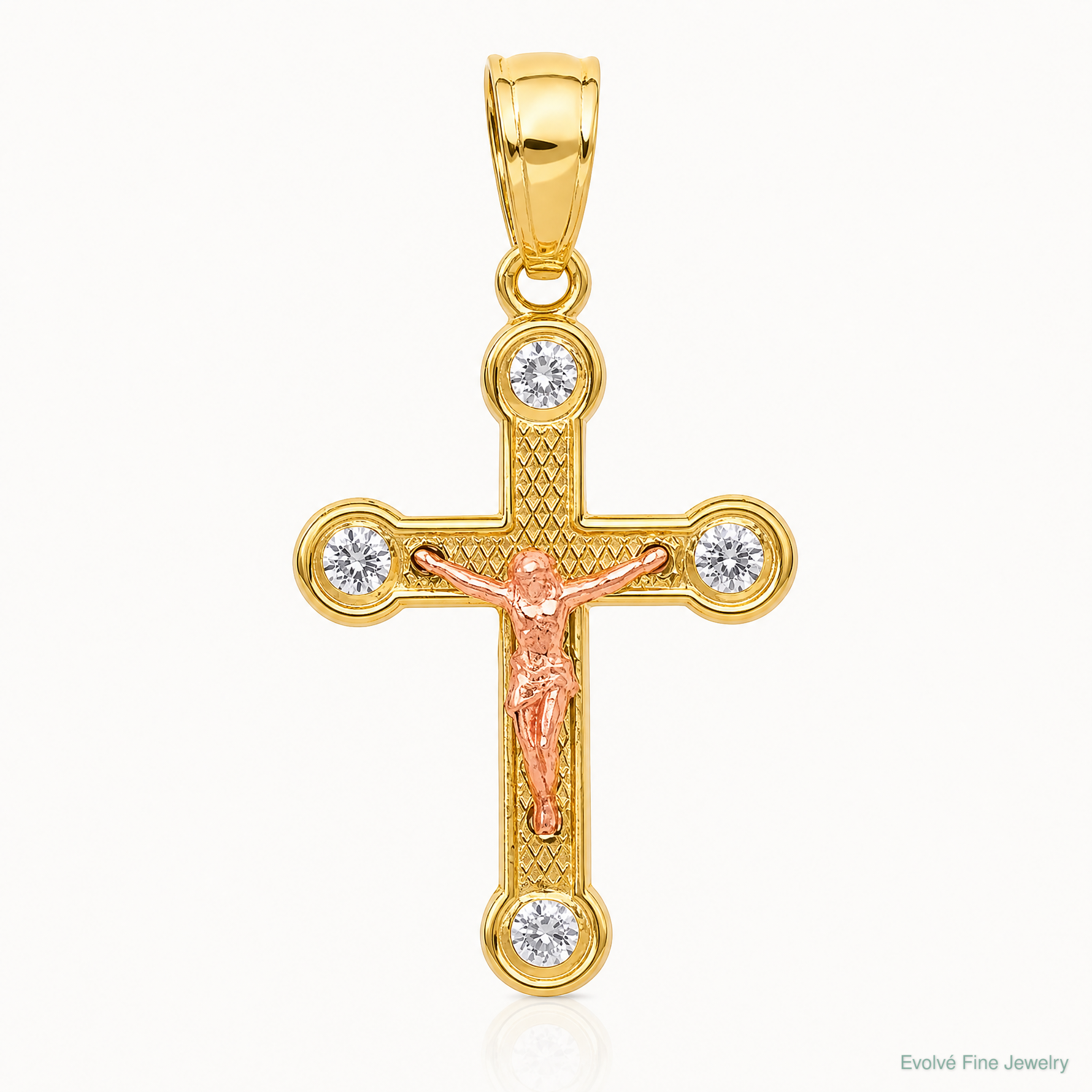 10k Two-tone Yellow and Rose Gold CZ Crucifix Pendant - Lifestyle View