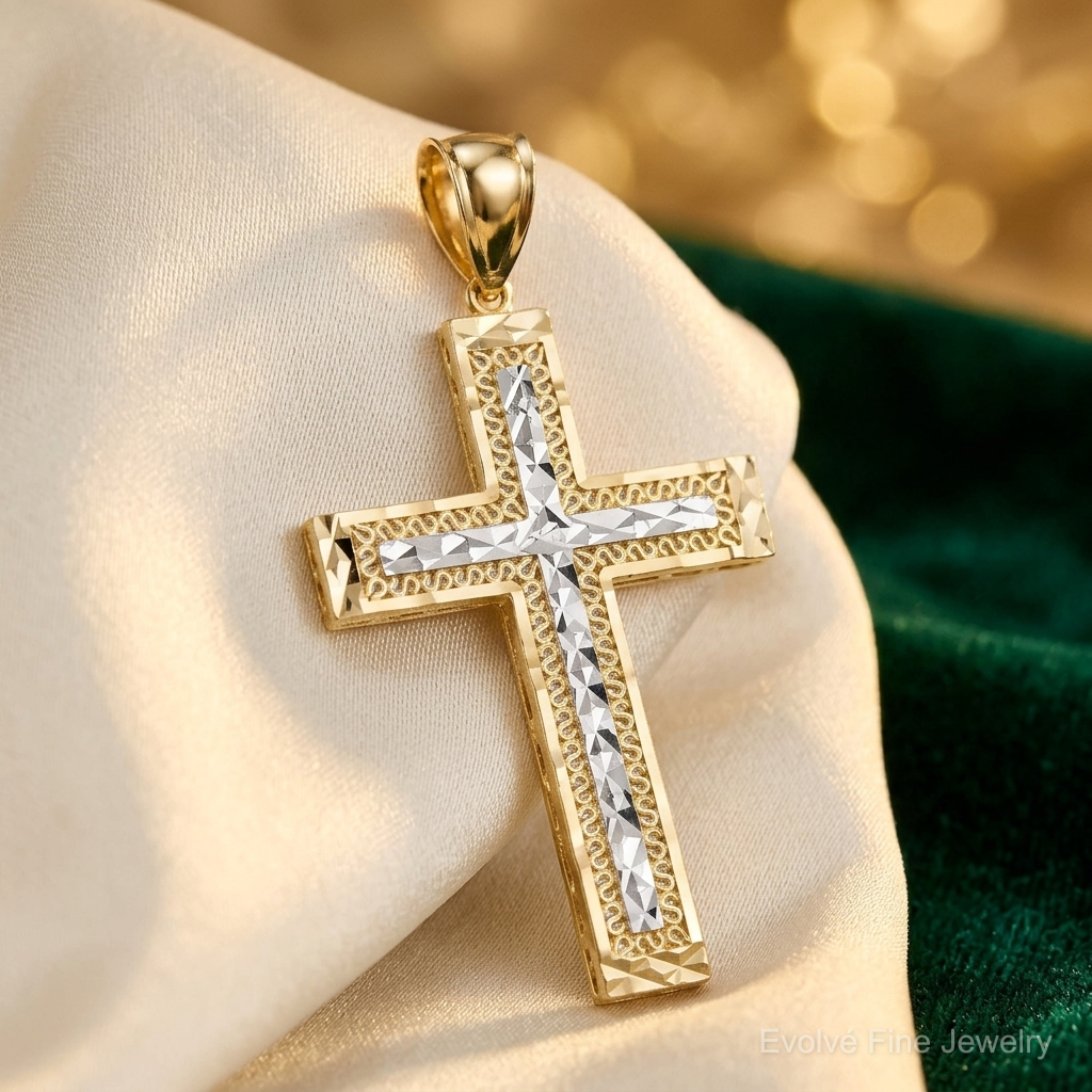 10K w/ Rhodium Diamond-Cut Cross Pendant - Lifestyle View