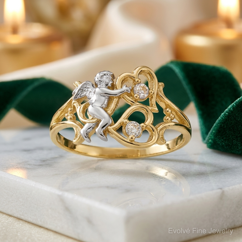 10k & Rhodium CZ Angel w/Hearts Ring - Lifestyle View