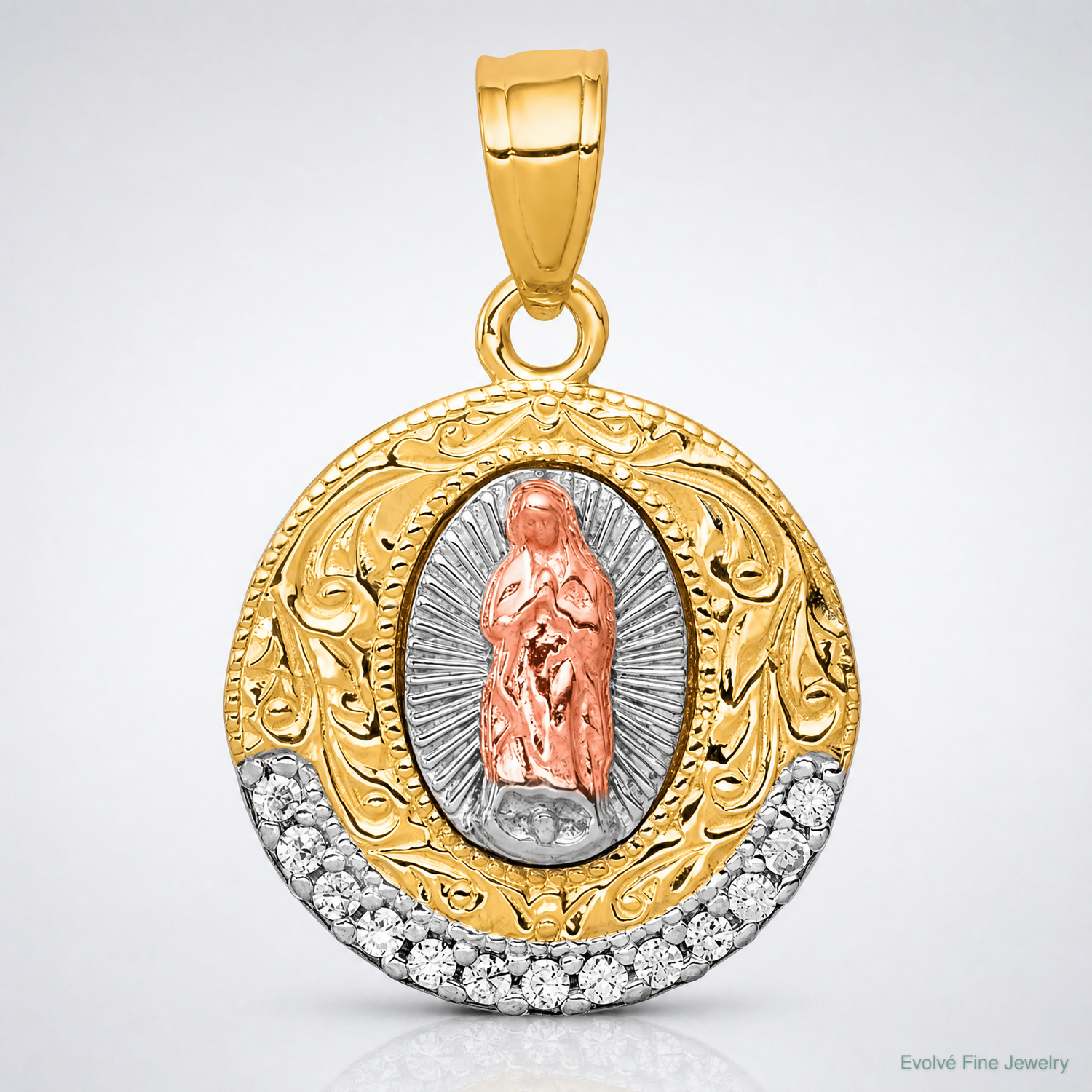 10K Two-Tone w/ Rhodium CZ Lady Of Guadalupe Round Pendant - Lifestyle View