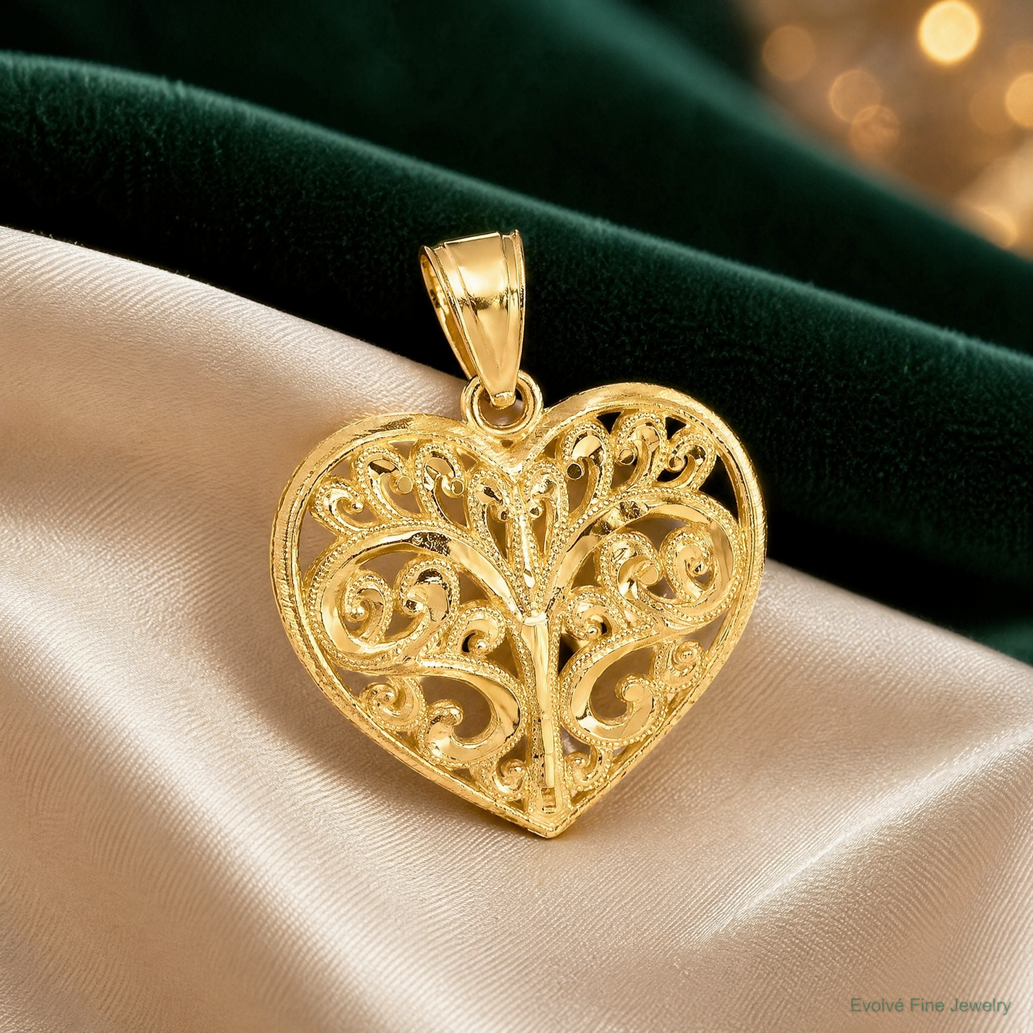 10K Diamond-cut Filigree Heart Charm - Lifestyle View
