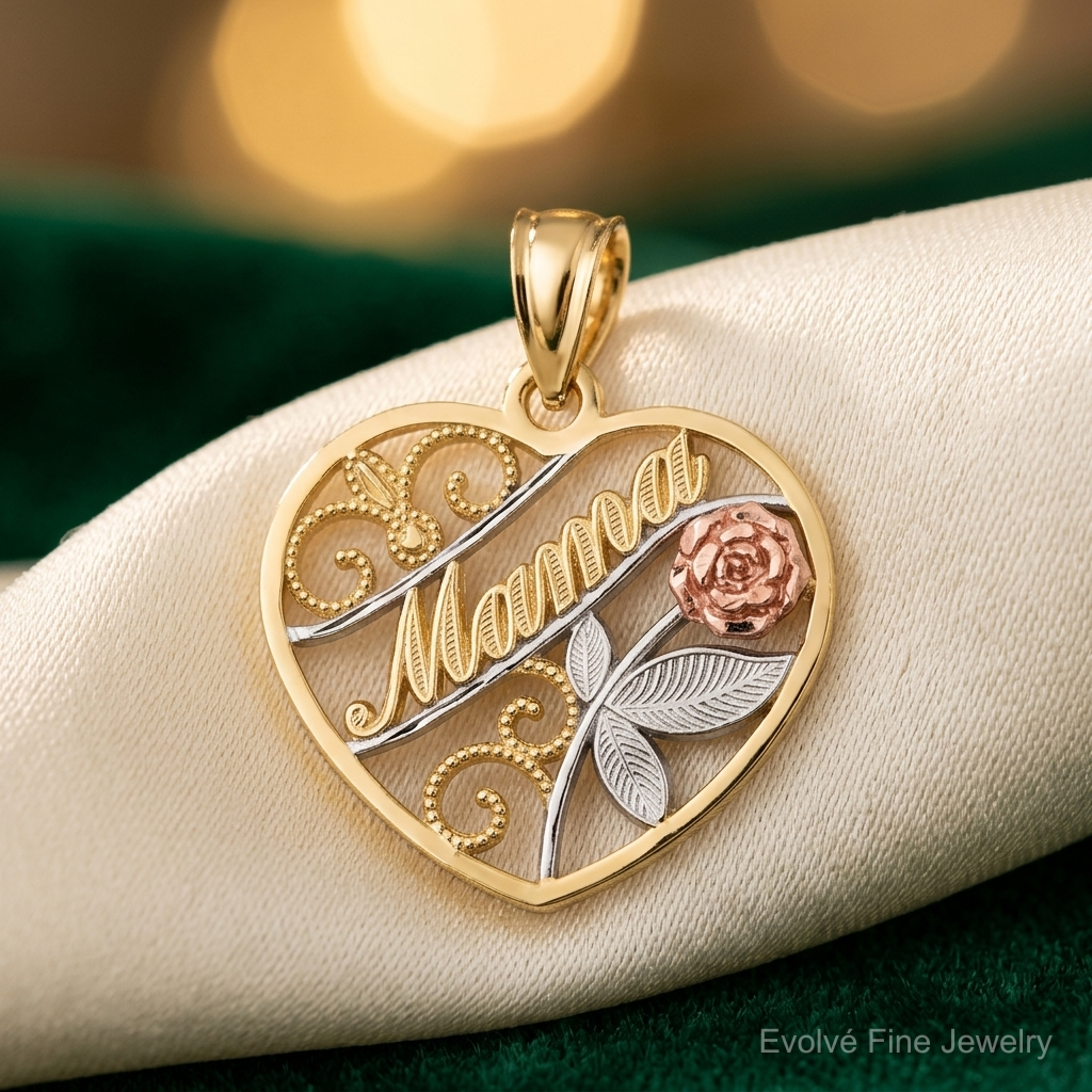10K Two-Tone W/White Rhodium D/C MAMA Pendant - Lifestyle View
