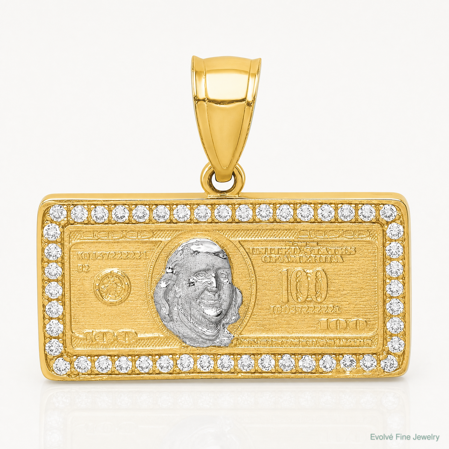10K w/Rhodium CZ Micropave 100 Dollar Bill Pendant - Lifestyle View