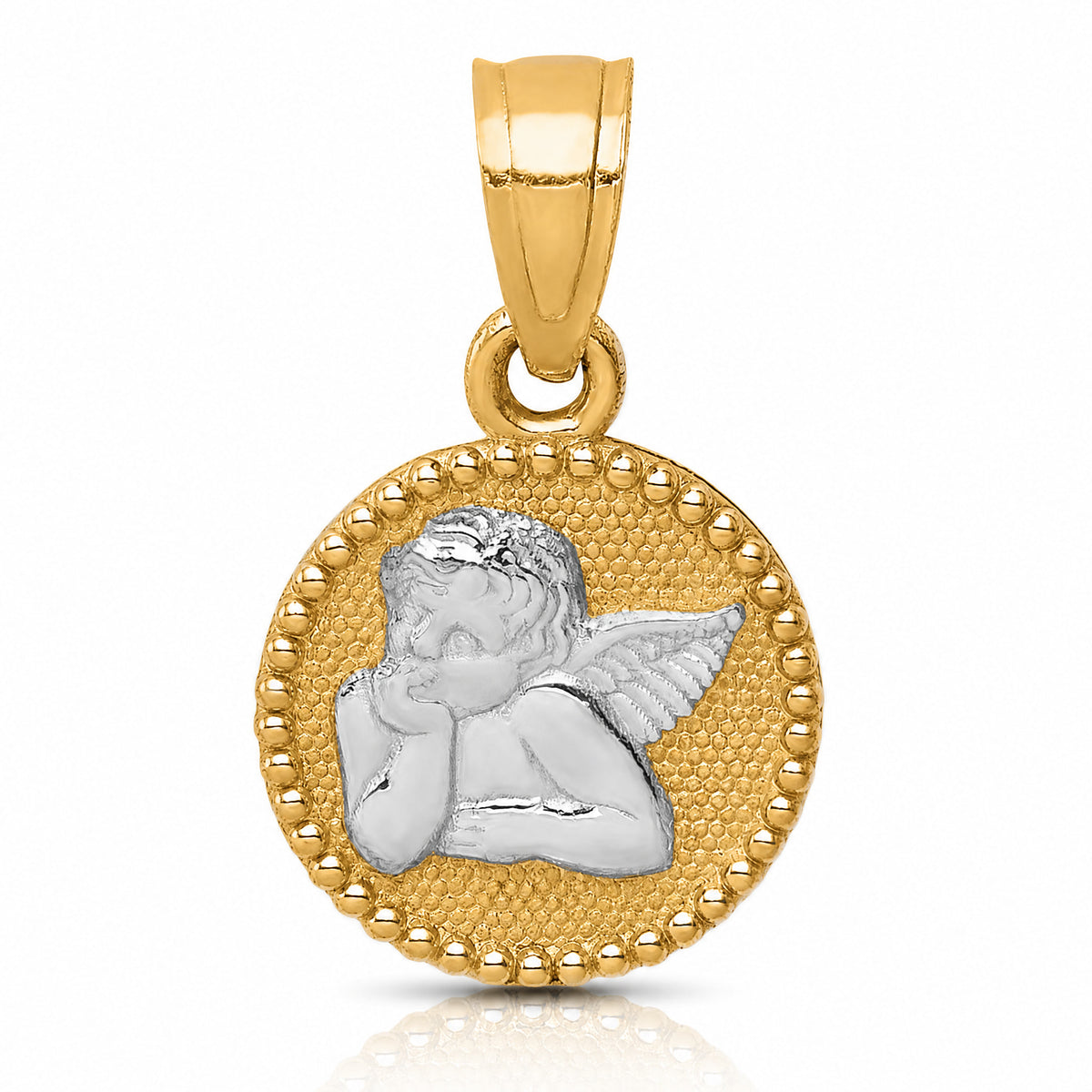 10K W/Rhodium Polished and Textured Angel Pendant - Lifestyle View