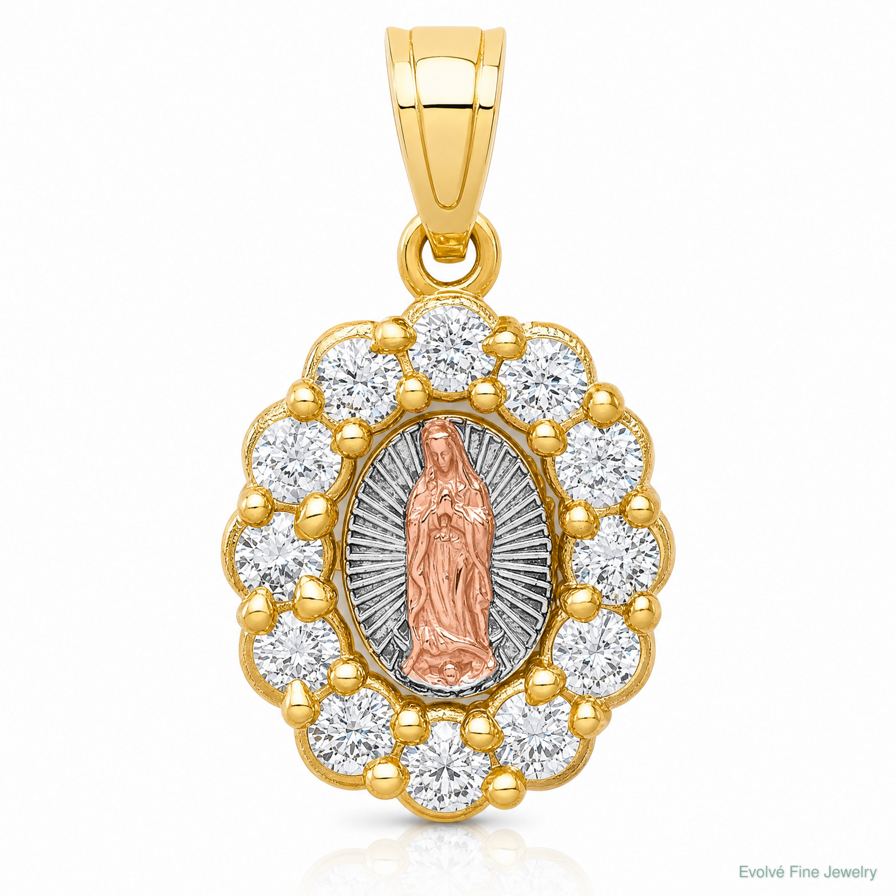 10K Two-Tone w/White Rhodium CZ Guadalupe Pendant - Lifestyle View