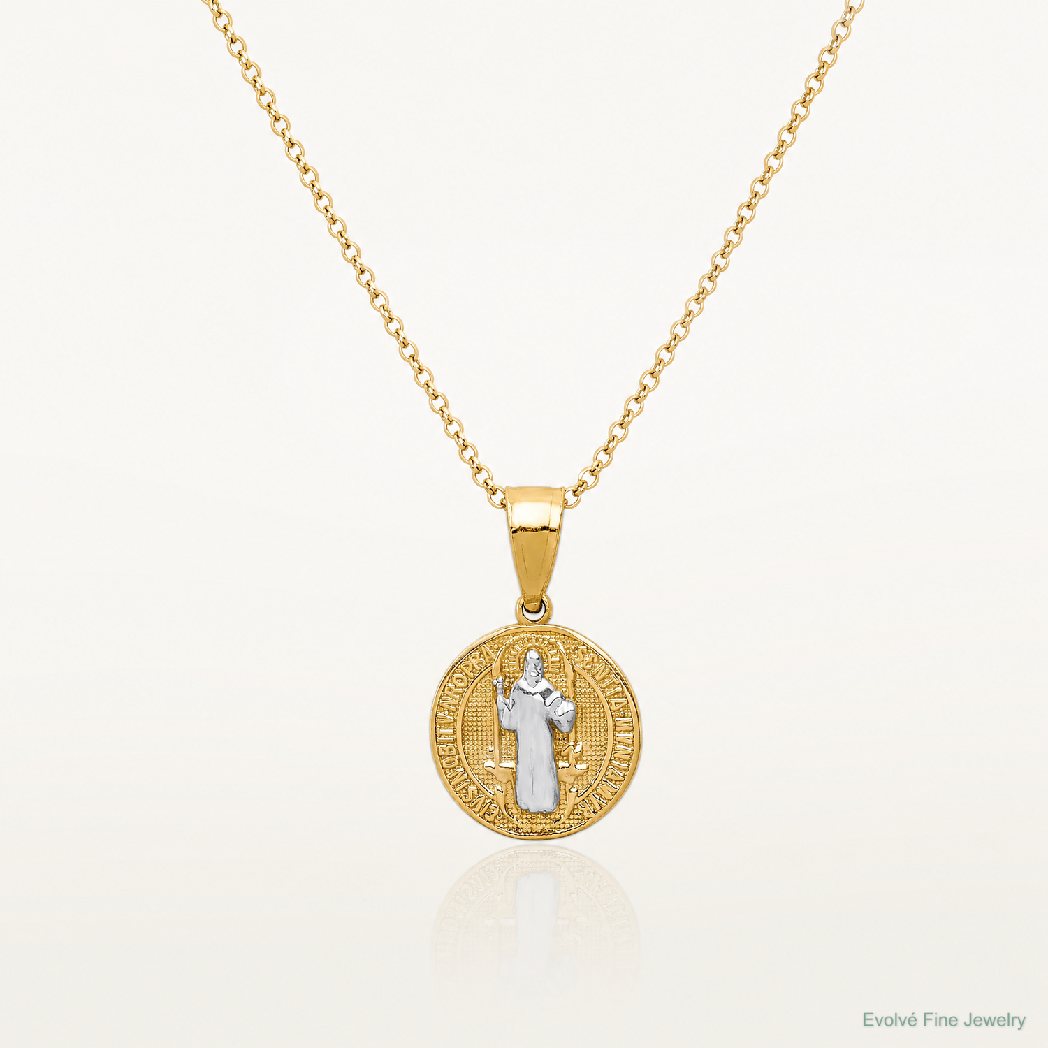 10K W/Rhodium San Benito Medal Pendant - Lifestyle View